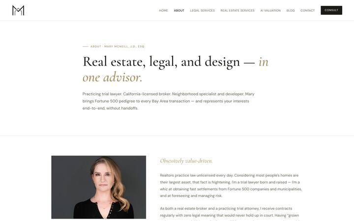 About — Mary McNeill, J.D., Esq., and the combined attorney-and-broker positioning.