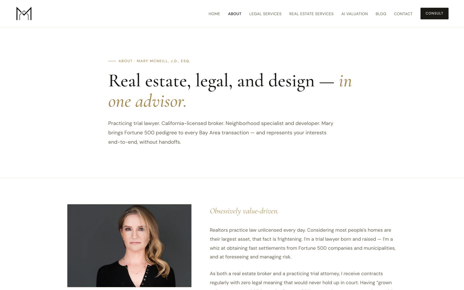 About — Mary McNeill, J.D., Esq., and the combined attorney-and-broker positioning.