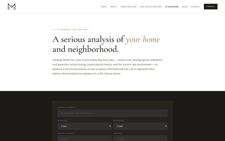 AI valuation tool — the property-input form on a dark, focused panel.
