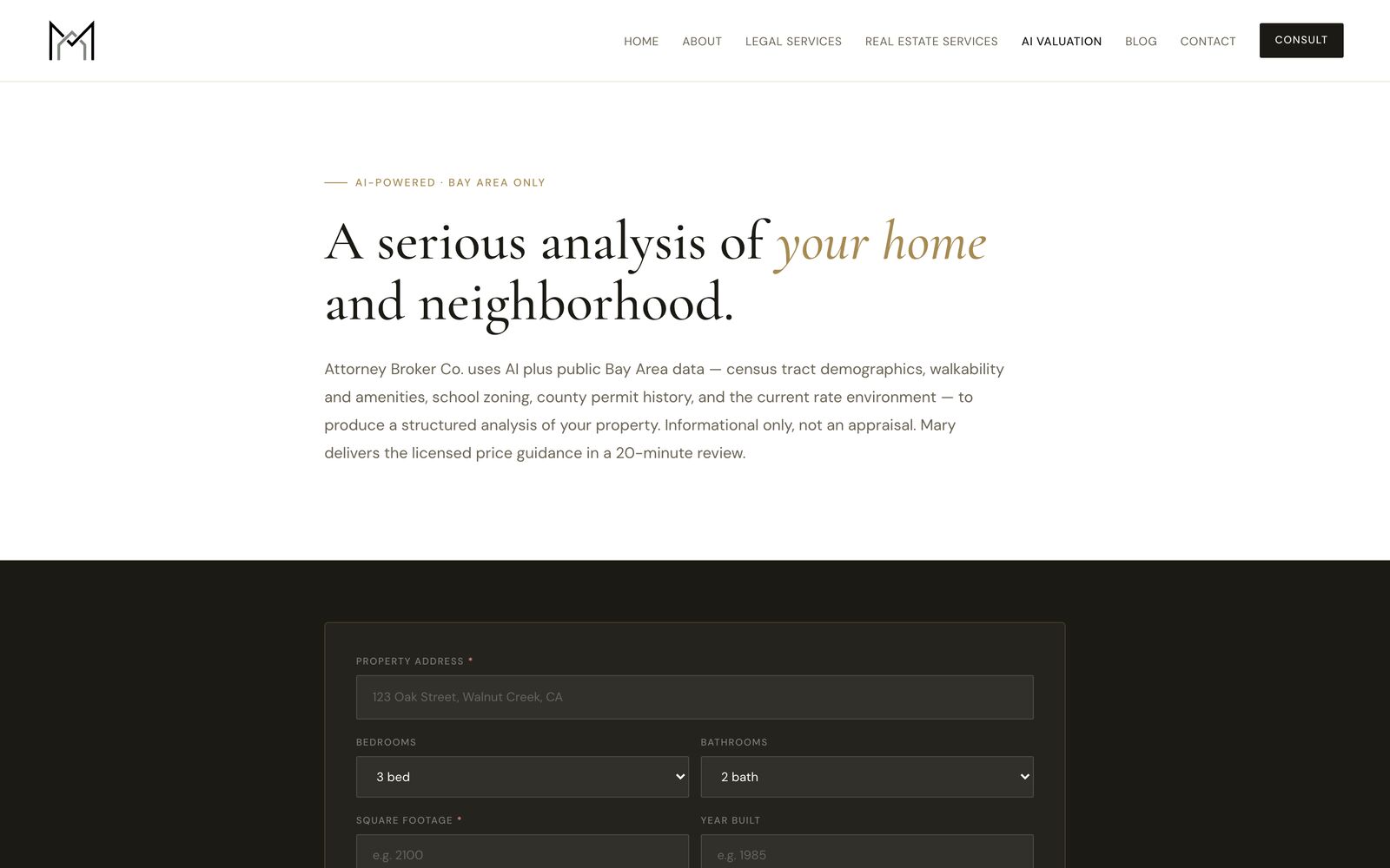 AI valuation tool — the property-input form on a dark, focused panel.
