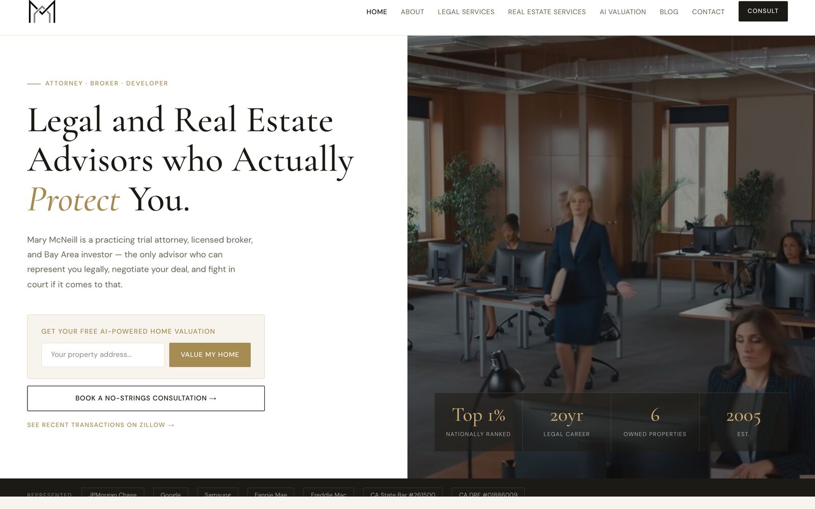 Homepage hero — AI home-valuation CTA over office photography, with a credentials stats bar.