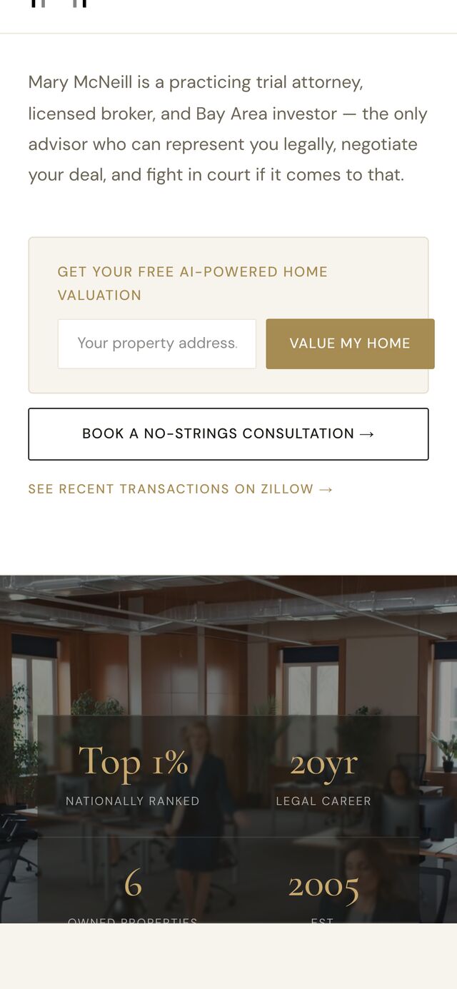 Mobile homepage — the valuation form and credentials stats.
