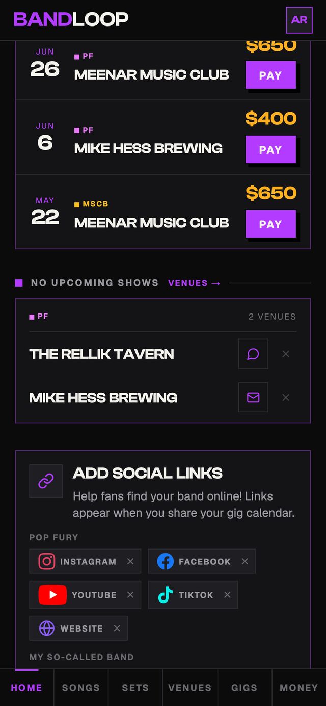 Home dashboard — unpaid gigs with Pay actions, venues to rebook, and per-band social links.