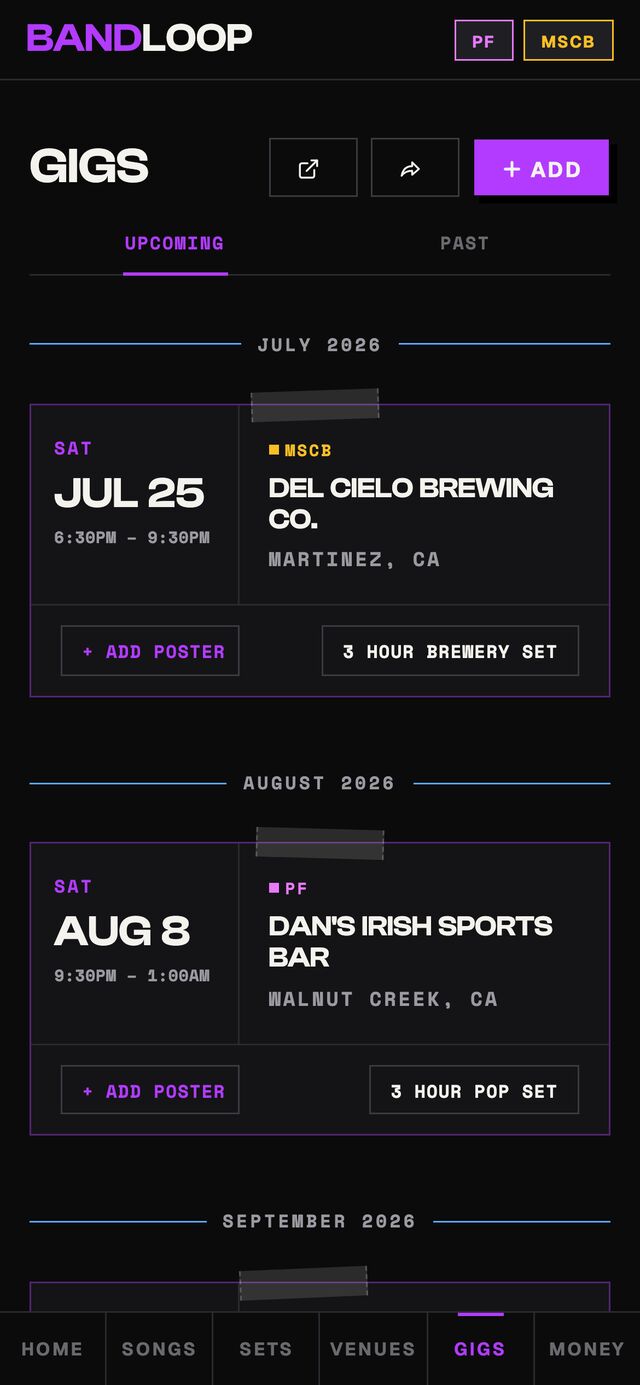 Gigs — month-by-month gig cards with times, venue, and the assigned setlist.