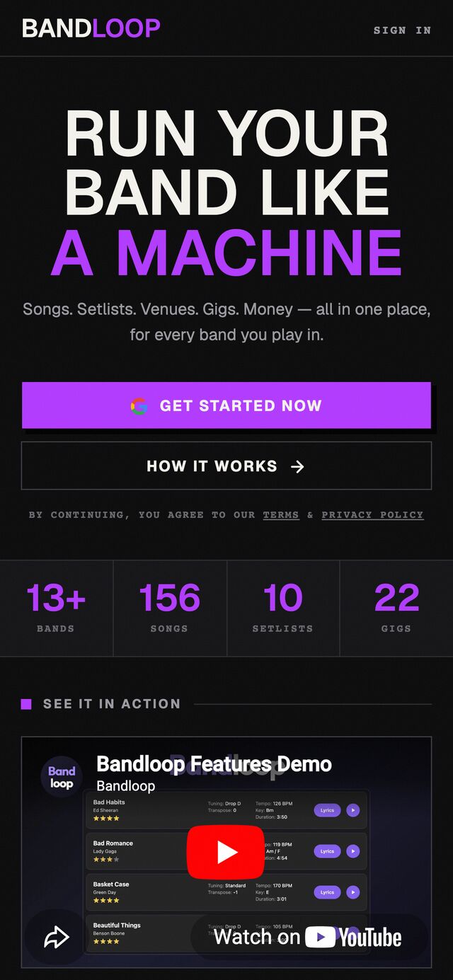 Marketing site on mobile — the hero, catalog stats, and a features demo video.