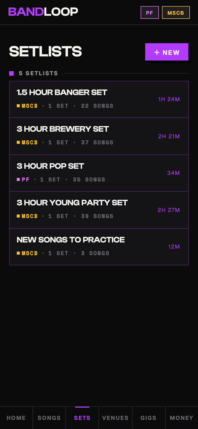 Setlists — every set across both bands with band tags, song counts, and running time.
