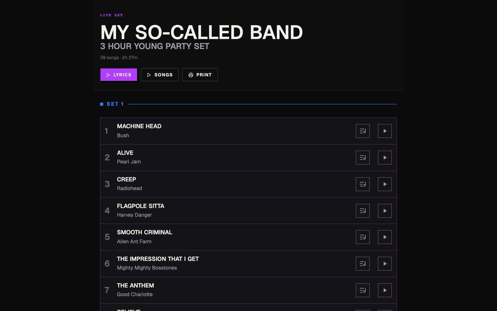 Public shared setlist — the clean, no-login page bandmates and subs open from a link.