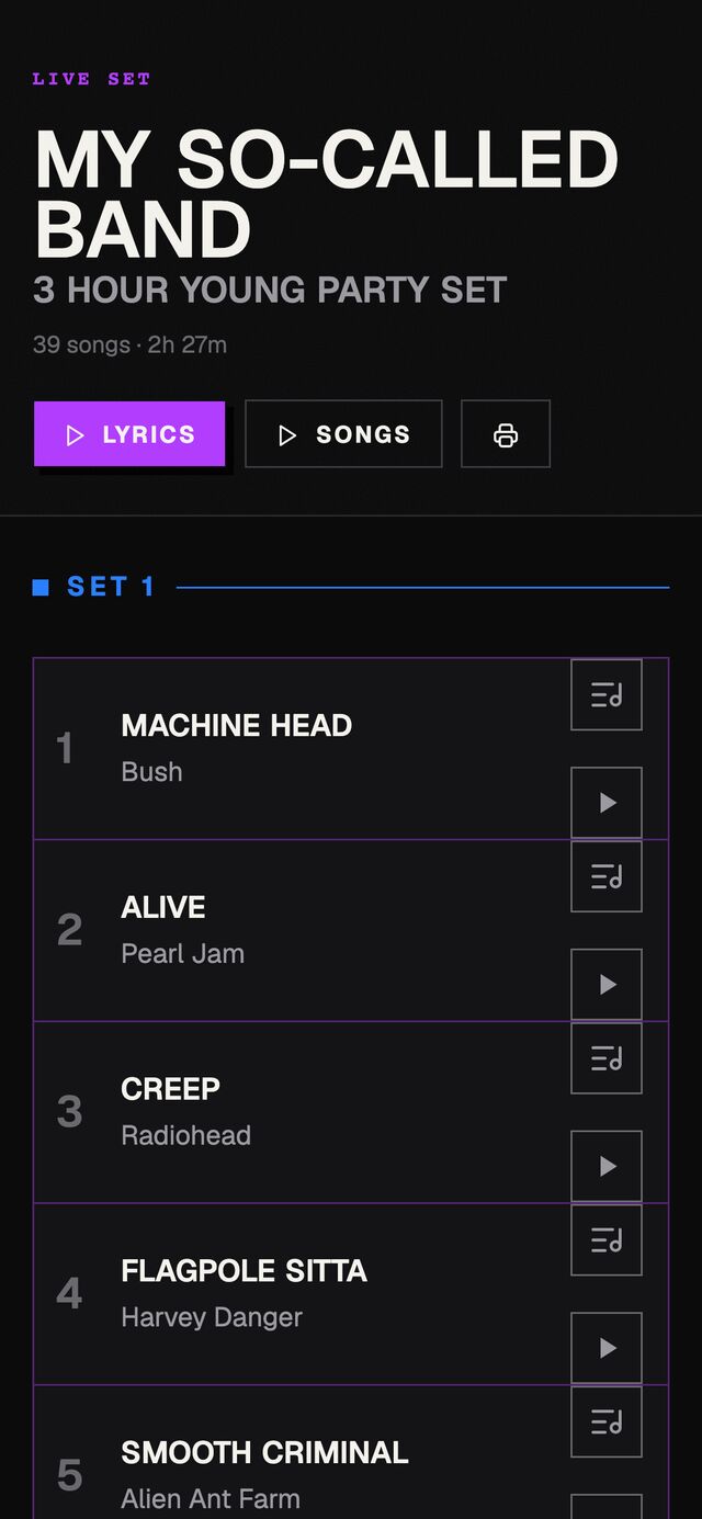 Shared setlist on mobile — Lyrics, Songs, and Print actions on the public set page.