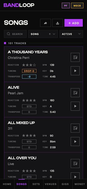 Song catalog — 101 tracks with reaction rating, BPM, key, tuning, and transpose, over the bottom tab bar.