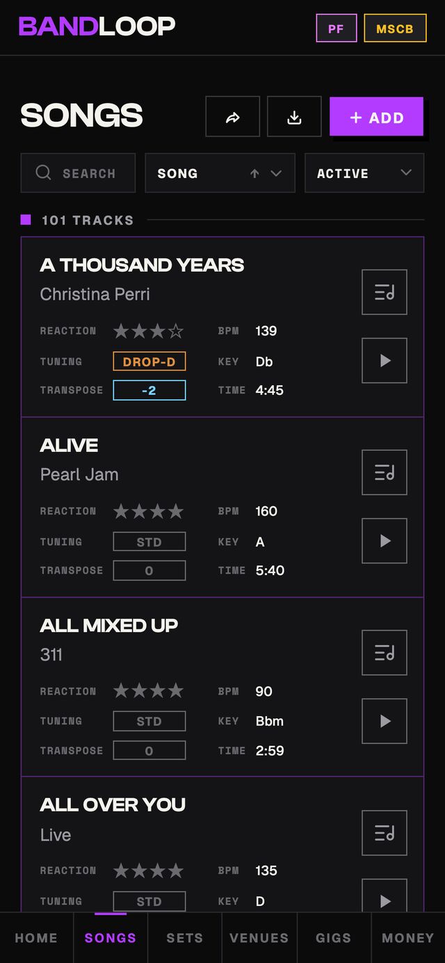 Song catalog — 101 tracks with reaction rating, BPM, key, tuning, and transpose, over the bottom tab bar.