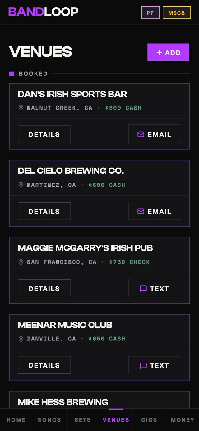 Venue book — booked venues with location, pay amount and method, and one-tap email or text to the booker.