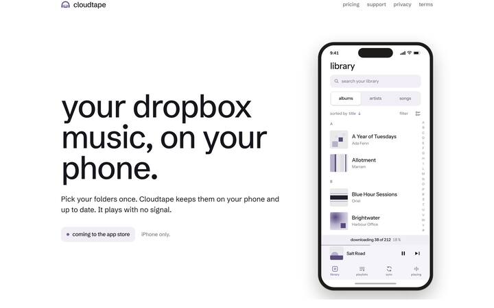 Marketing site — “your dropbox music, on your phone.” beside the library in a device frame.