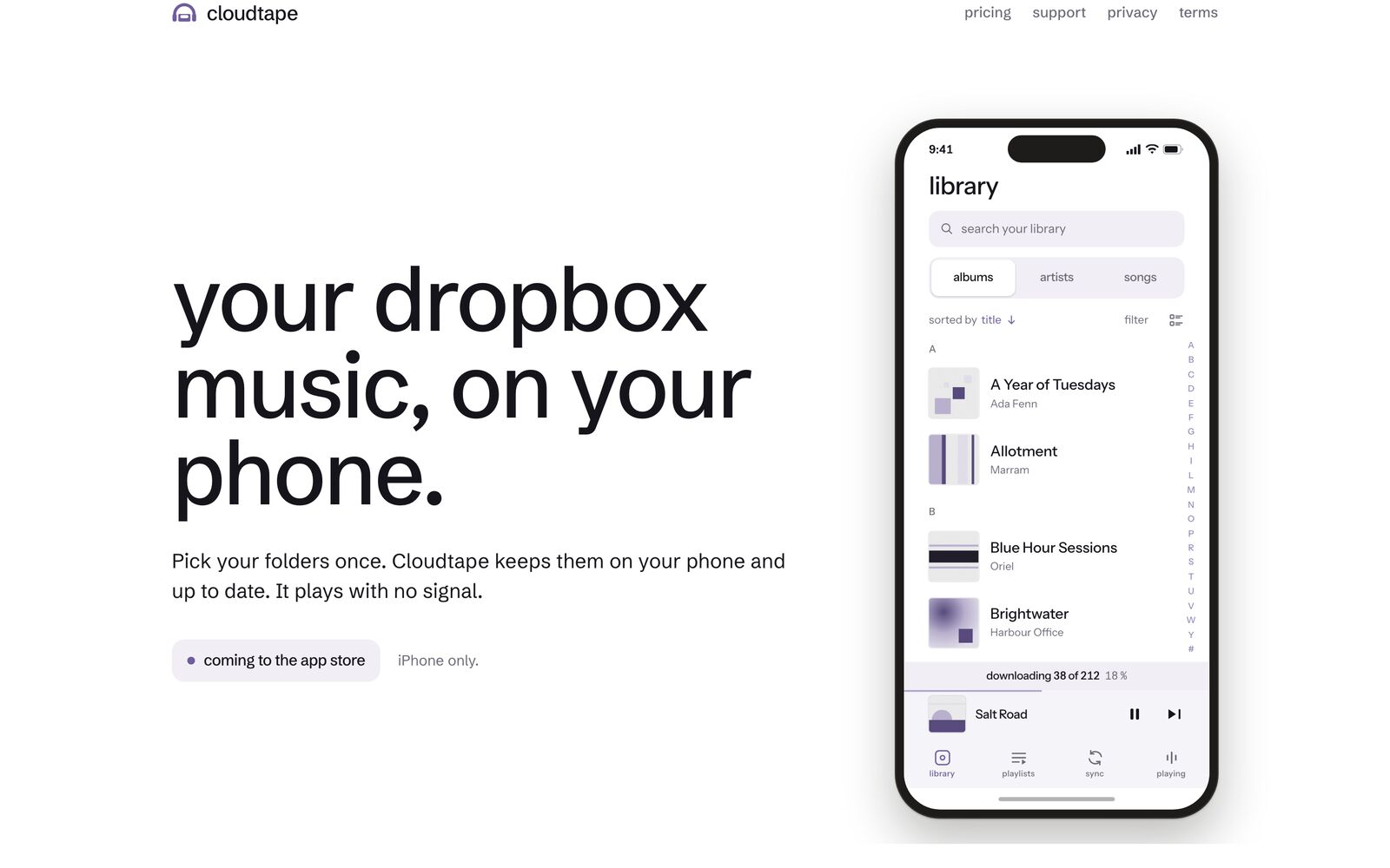 Marketing site — “your dropbox music, on your phone.” beside the library in a device frame.