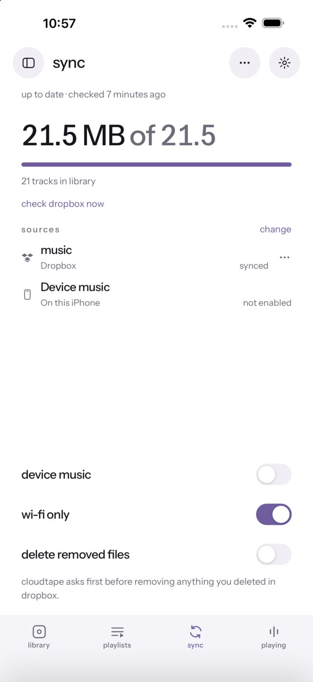 Sync — storage used, Dropbox and device-music sources, and wi-fi-only and delete-removed-files toggles.