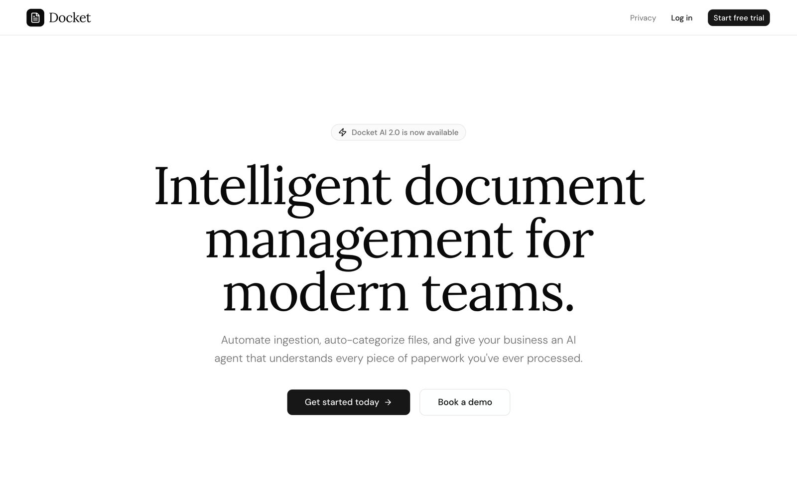 Hero — Docket as intelligent document management for modern teams, with the AI 2.0 announcement badge.