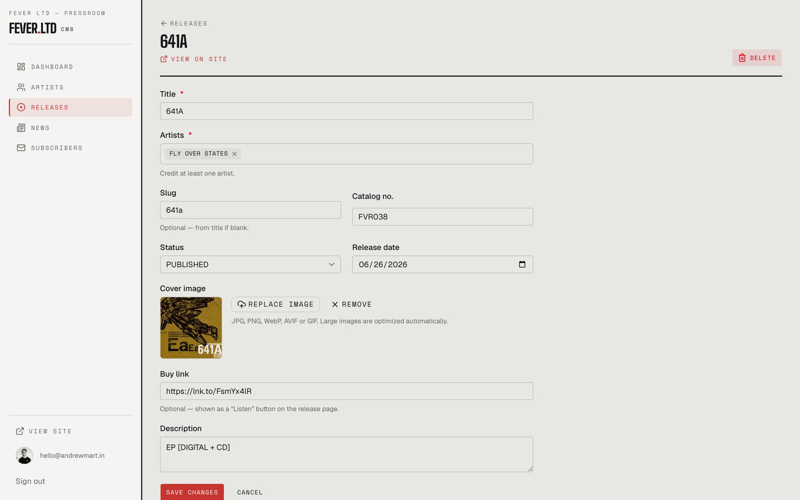 Release editor — a structured form for title, credited artists, catalog number, status, dates, cover art, and Listen link.