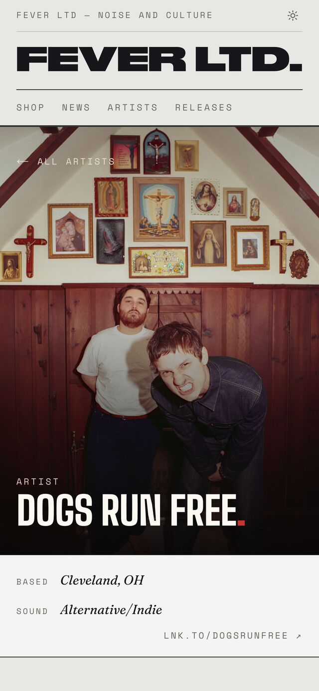 Artist page on mobile — Dogs Run Free's full-bleed photo with name, location, and sound.