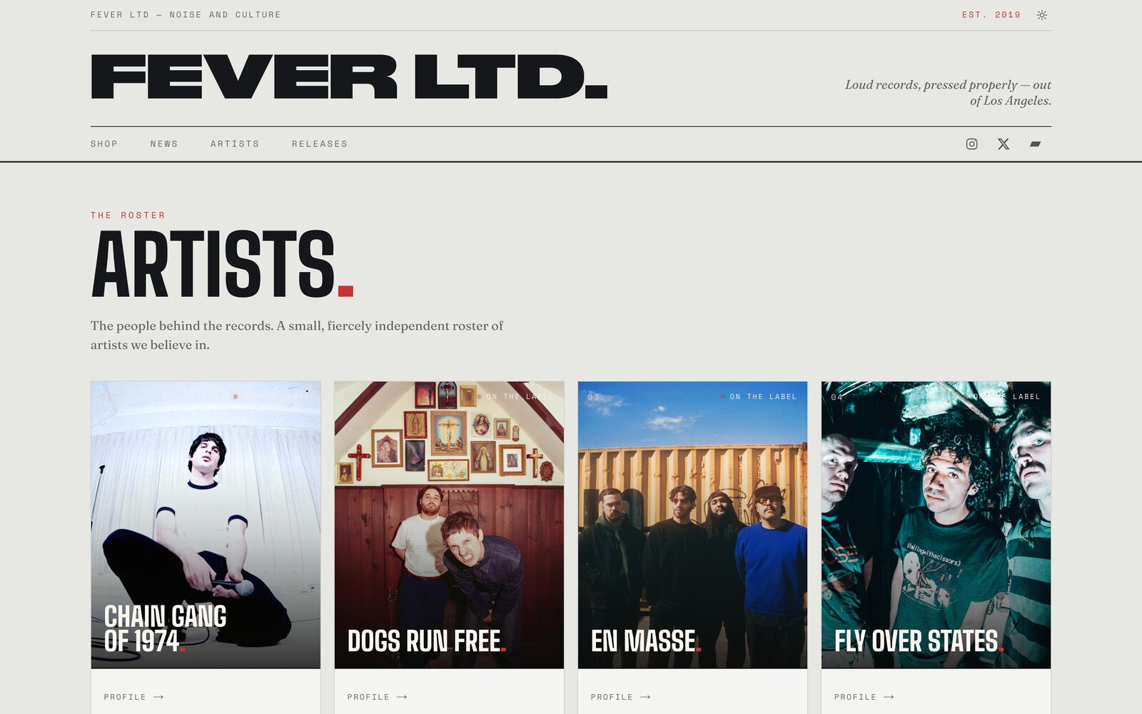 Roster index — “Artists,” a grid of the label's acts, each card opening a full profile.