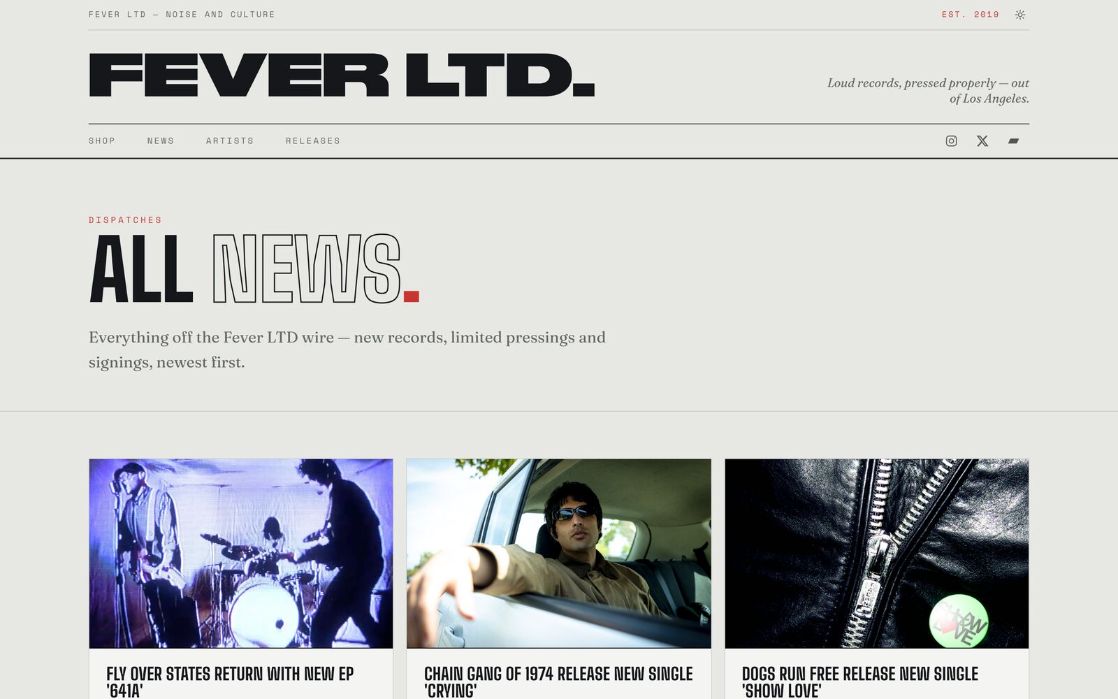 Dispatches — the label news wire, newest first, announcing new records, pressings, and signings.