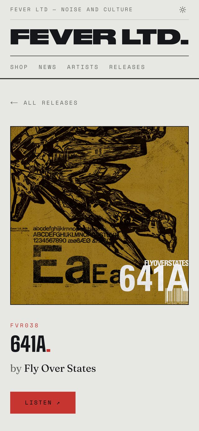 Release page on mobile — Fly Over States' “641A” cover art leading the FVR038 detail view.