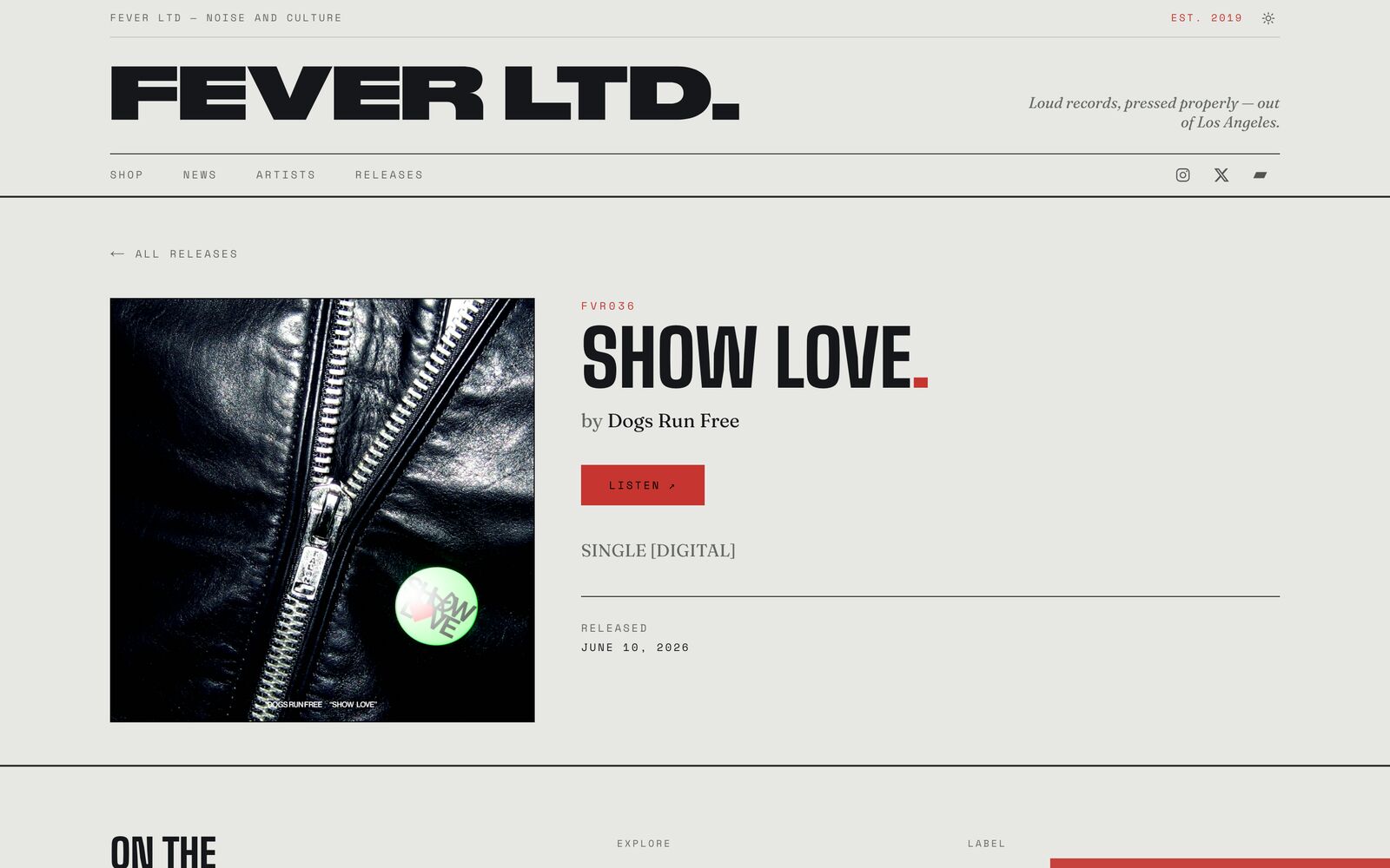 Release page — “Show Love” by Dogs Run Free with cover art, catalog number FVR036, format, and a Listen button.