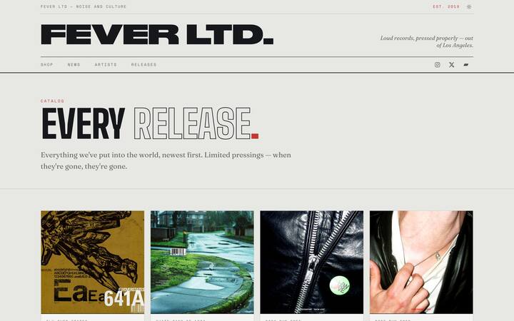 Release catalog — “Every Release,” newest first, as a grid of cover art across the label's pressings.
