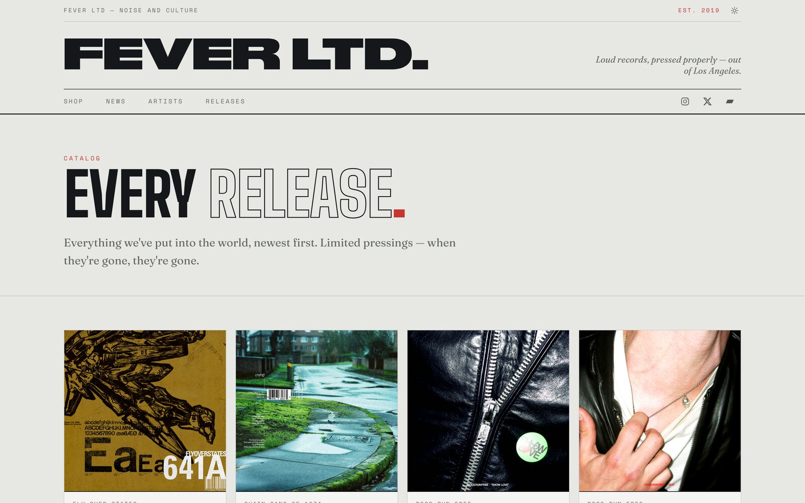 Release catalog — “Every Release,” newest first, as a grid of cover art across the label's pressings.