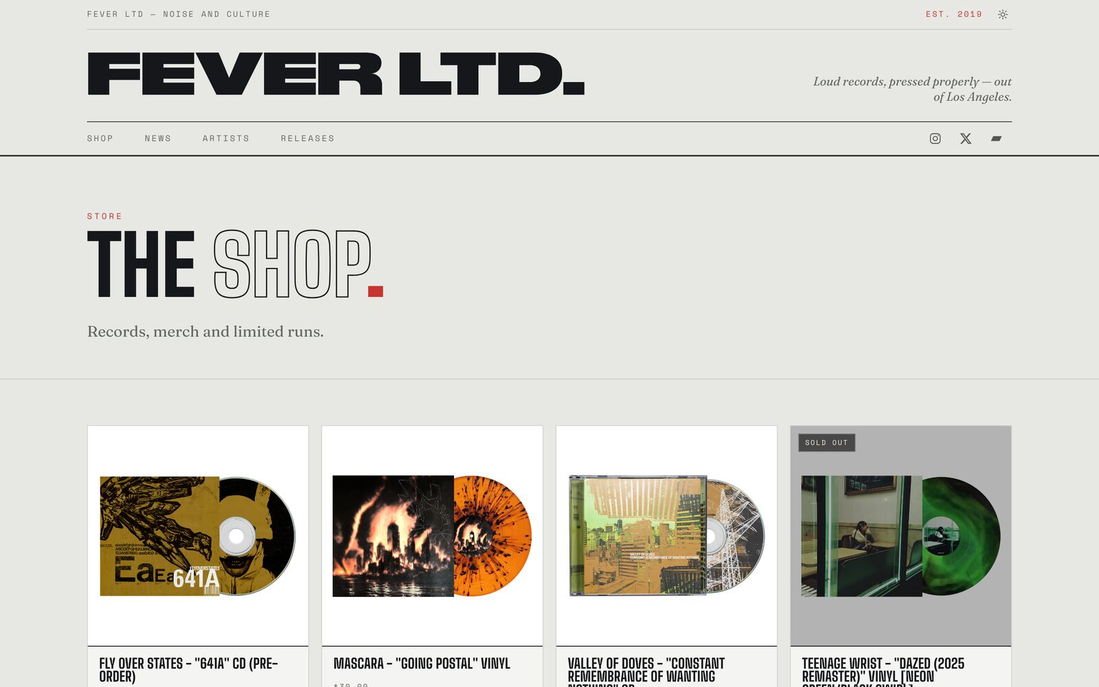 The Shop — records, merch, and limited runs, with vinyl and CD product cards and sold-out states.
