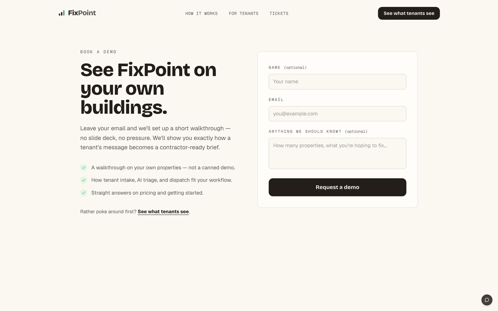 Book-a-demo — inline request form with a benefit checklist.