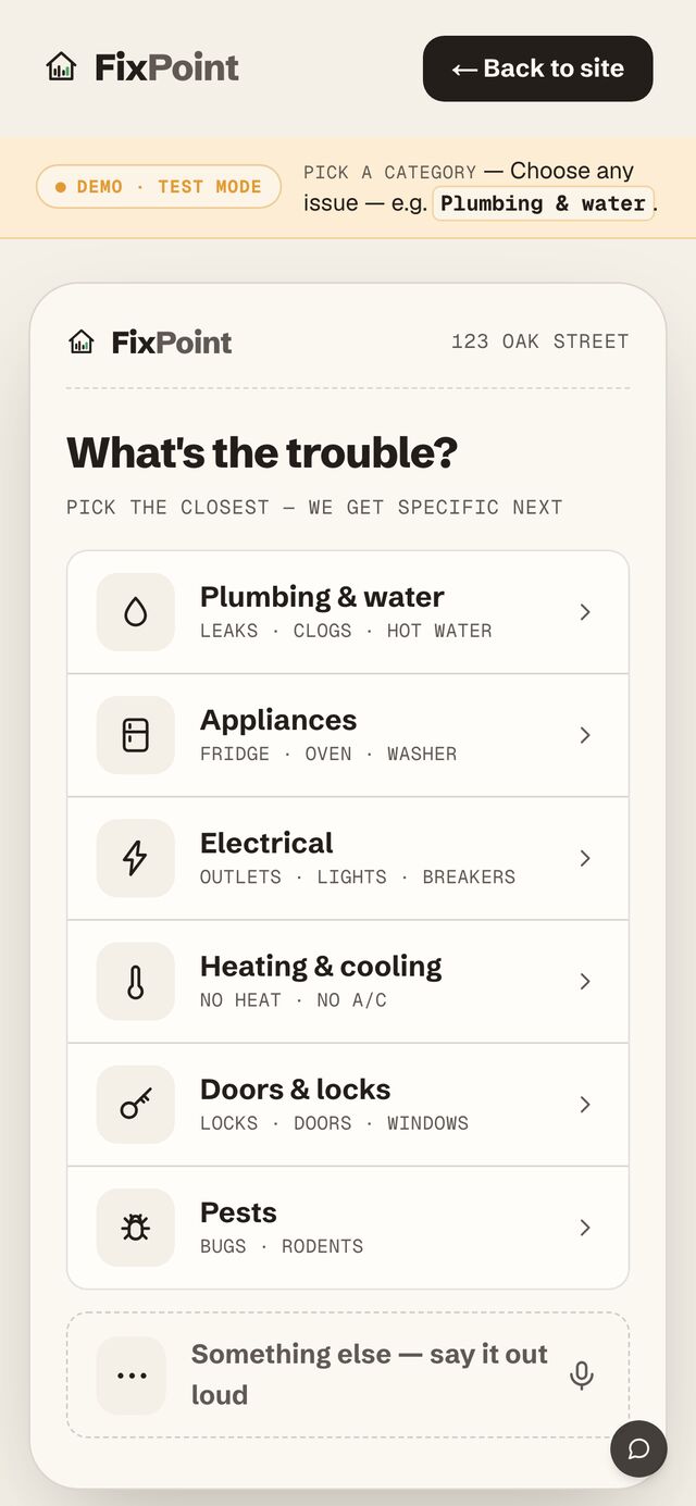 Issue picker — plumbing, appliances, electrical, heating, doors, pests, or just say it out loud.