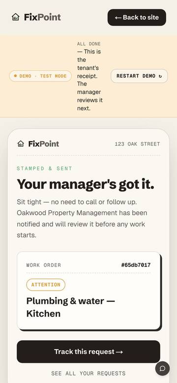 Triaged work order — the request is stamped, rated, and routed to the property manager for approval before any work starts.