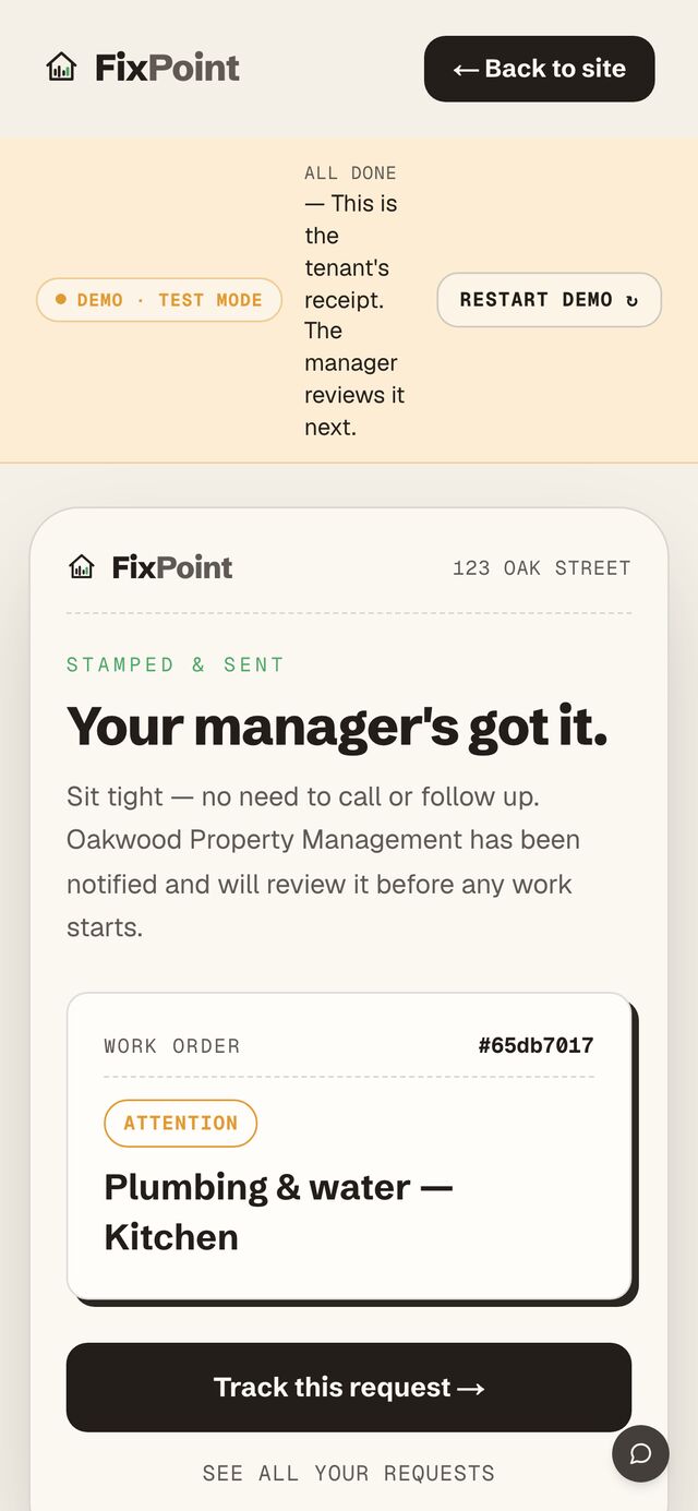 Triaged work order — the request is stamped, rated, and routed to the property manager for approval before any work starts.