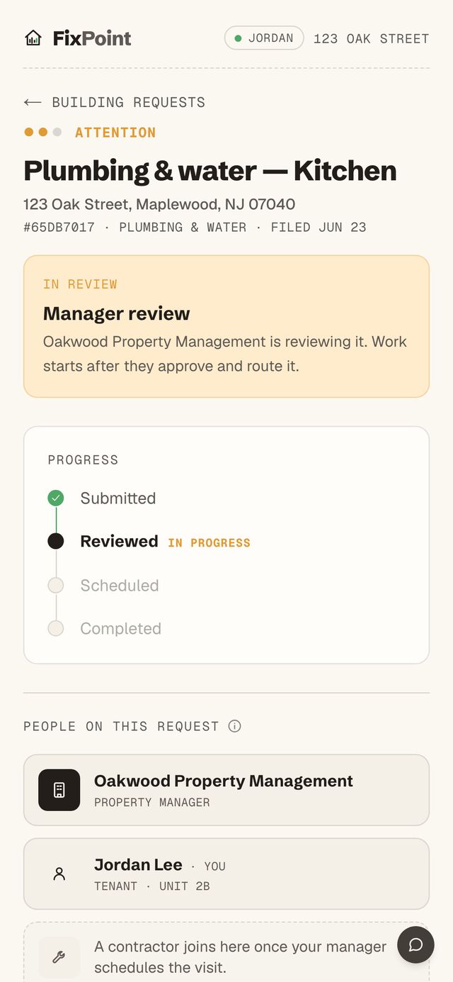 Shared request — one thread for manager, tenant, and contractor, with a live Submitted → Reviewed → Scheduled → Completed tracker.