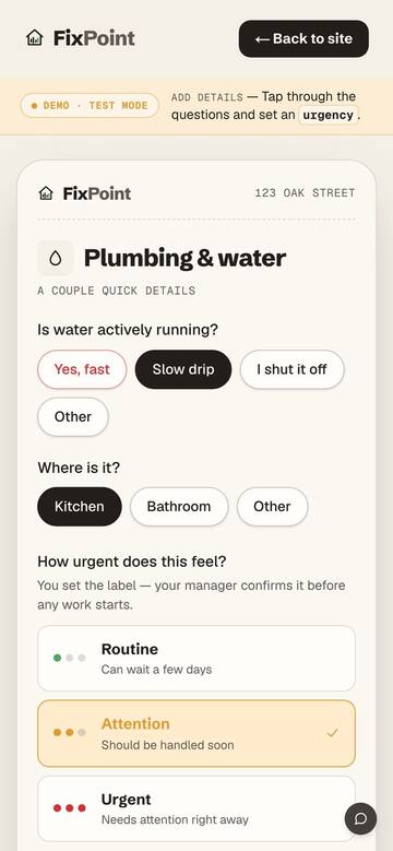 Guided intake — structured follow-up questions with a tenant-set urgency (routine / attention / urgent) the manager confirms.