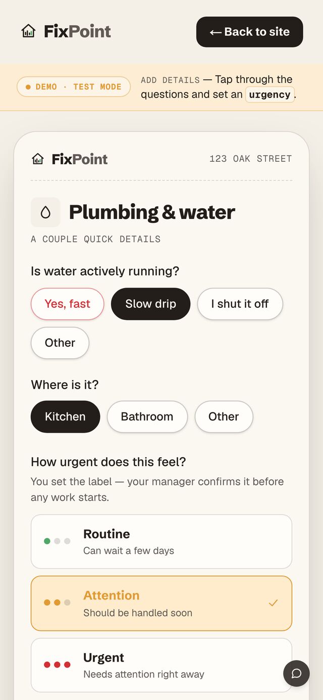 Guided intake — structured follow-up questions with a tenant-set urgency (routine / attention / urgent) the manager confirms.