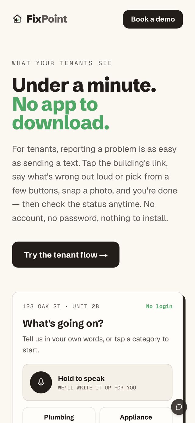 For tenants — voice or tap reporting, no app or login required, with photo upload.