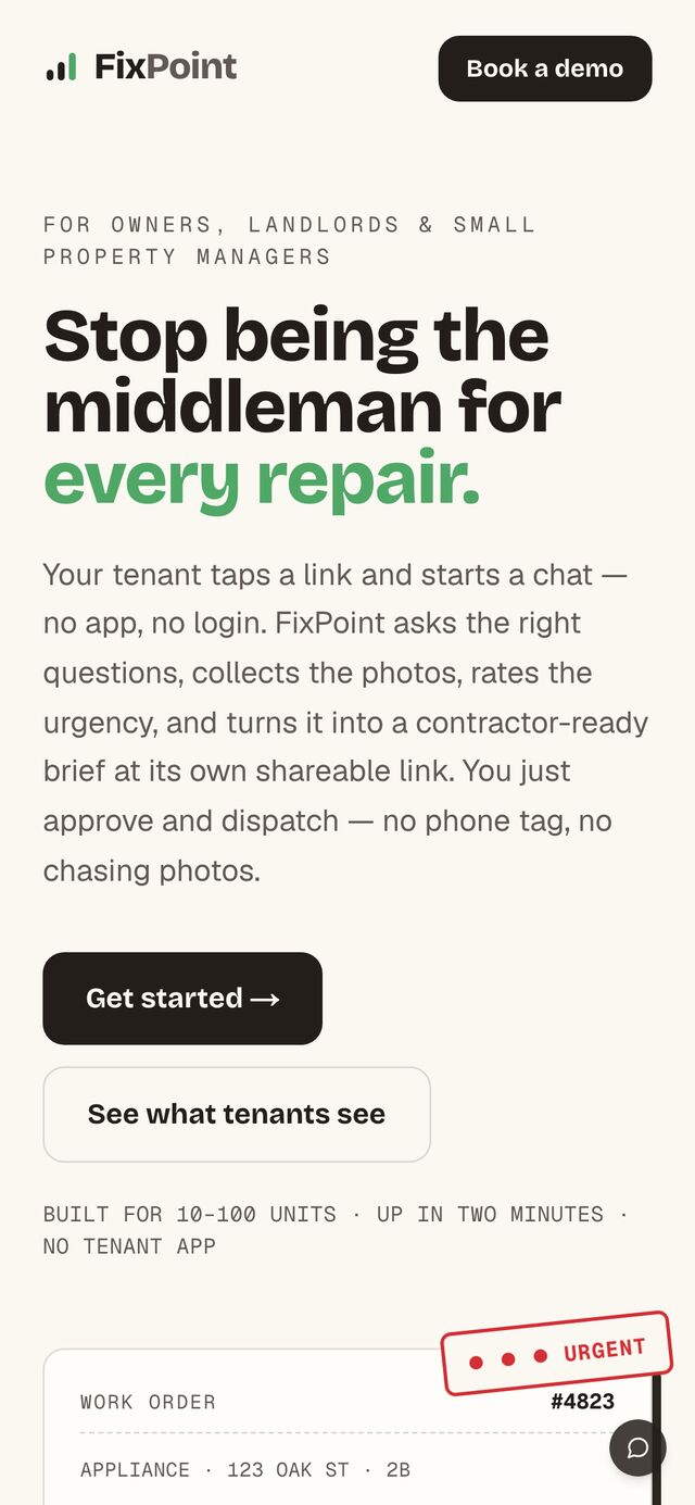 Mobile hero — full headline with the work-order card below.