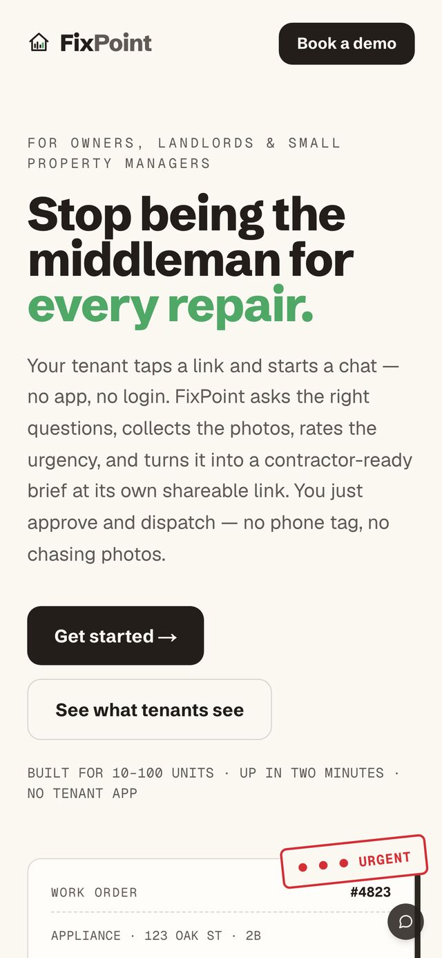Mobile hero — full headline with the work-order card below.