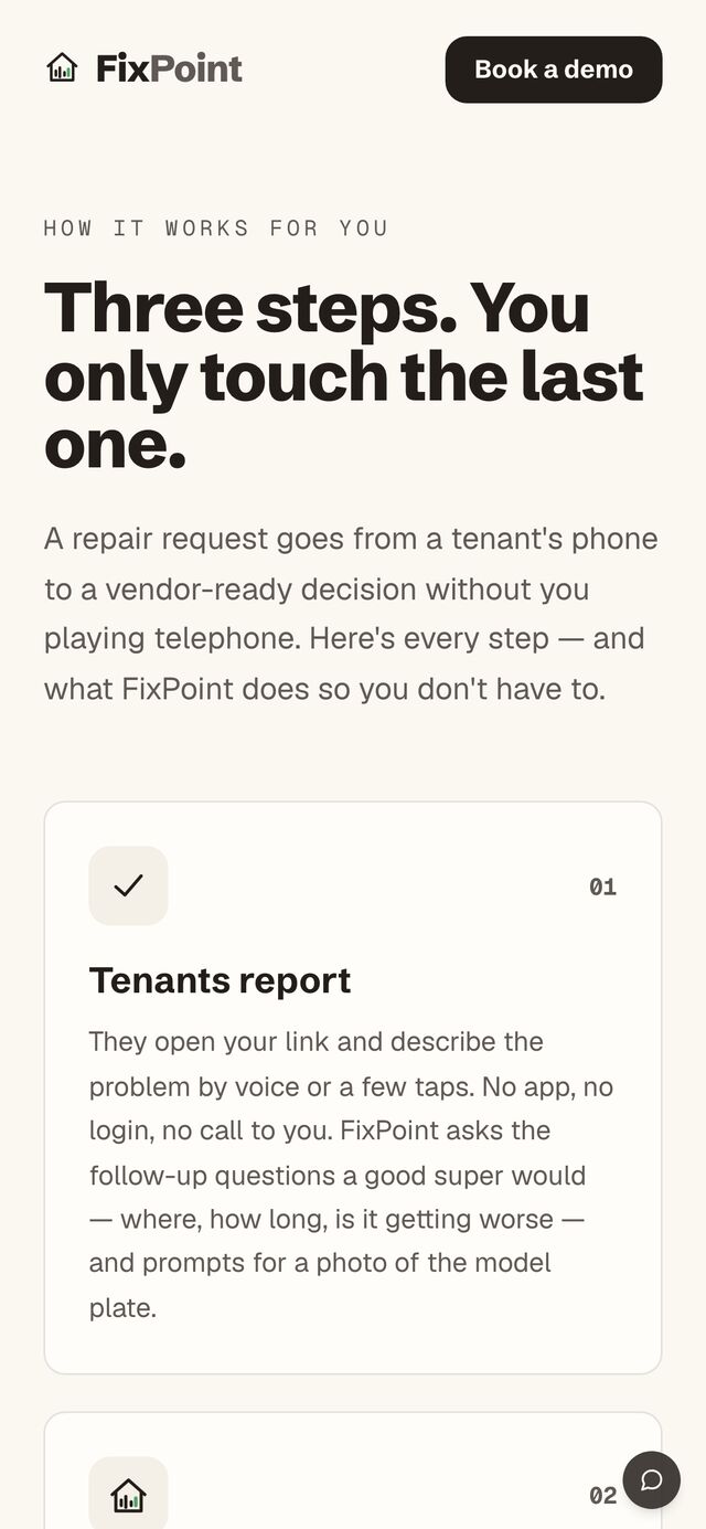 How it works — a request goes from a tenant's phone to a vendor-ready decision in three steps; the landlord only touches the last.