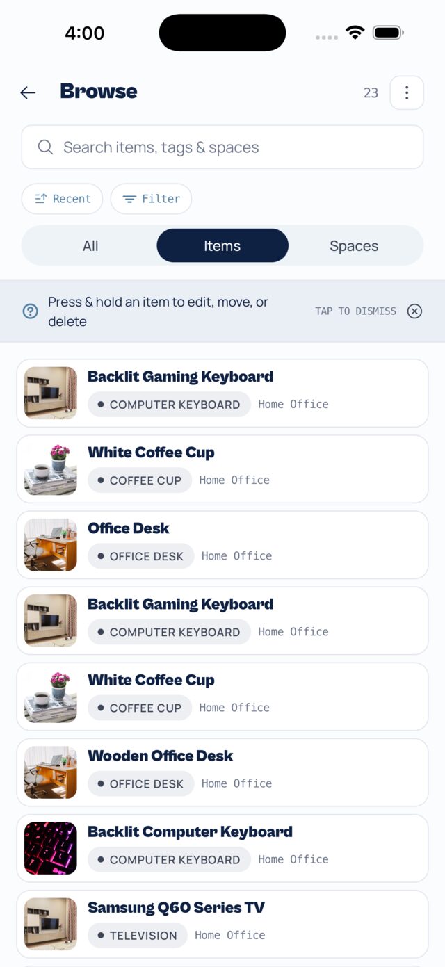 Browse — the full collection with search, filters, and item / space tabs, each row tagged by category and location.
