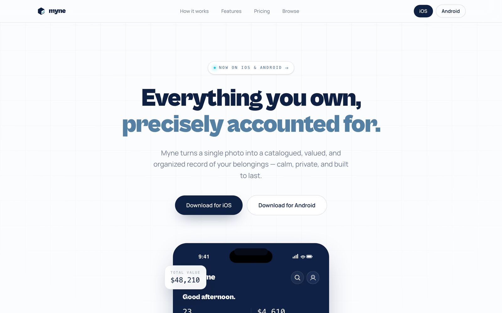 Landing hero — “Everything You Own, Precisely Accounted For,” over a peek at the app and its running total value, with iOS and Android download CTAs.