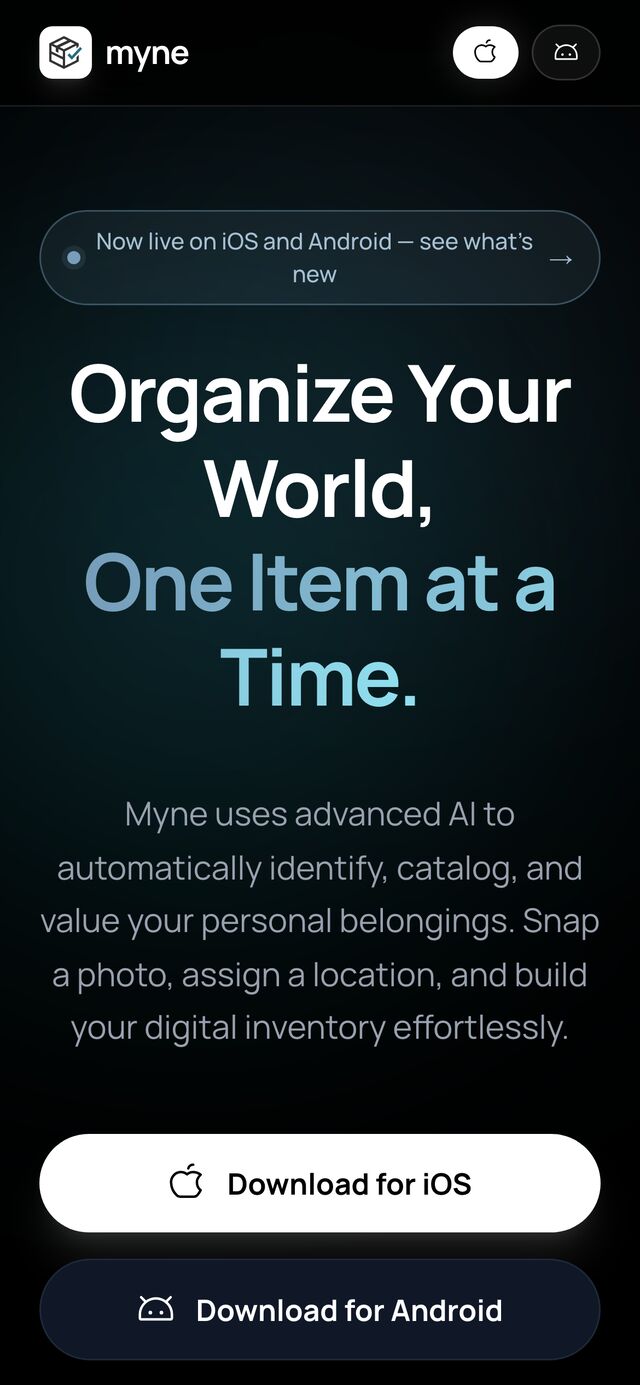 Mobile landing — full-width headline and download buttons.