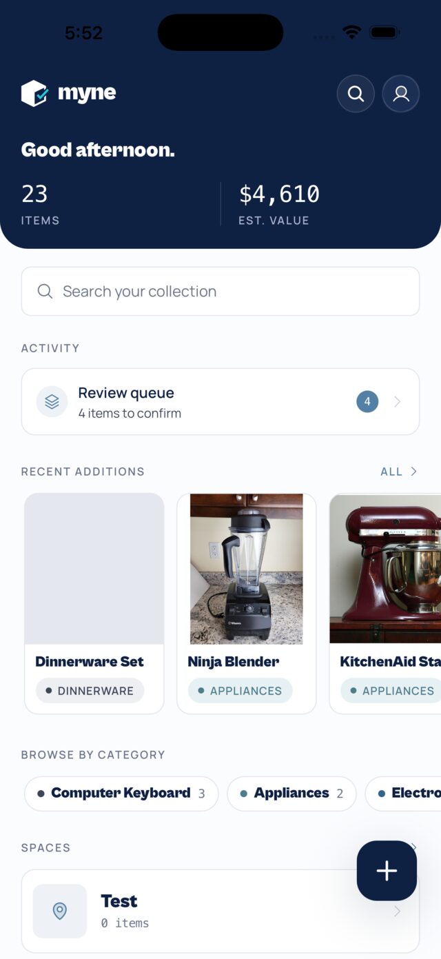 Home dashboard — item count and estimated value up top, a review queue, recent additions, and spaces.