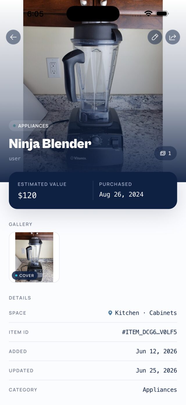 Item detail — hero photo, estimated value, a photo gallery, and structured details by space and category.