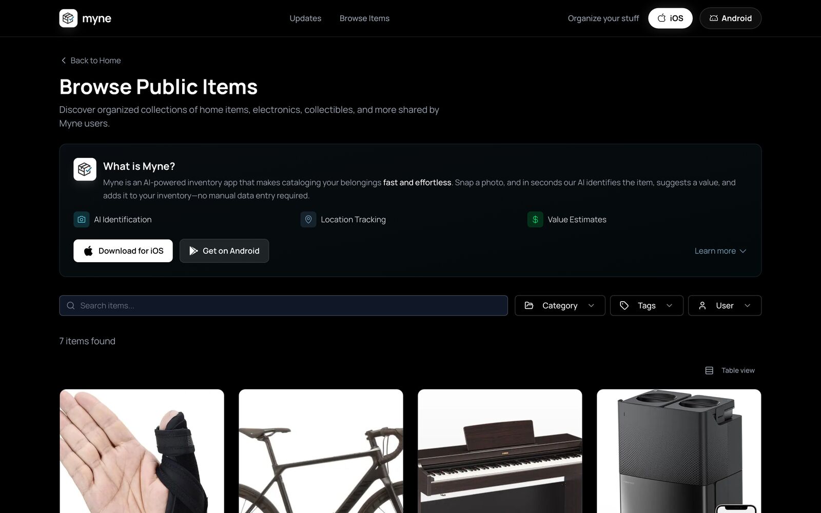 Browse public items — a searchable grid of catalogued belongings with category and tag filters.