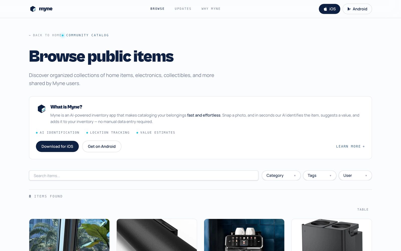 Browse public items — a community catalog of shared collections, with search and category, tag, and user filters.