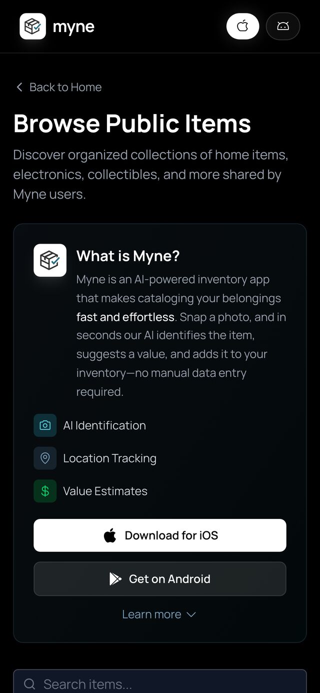 Mobile feature cards — AI identification, location tracking, and value estimates.