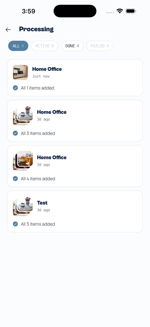 Background processing — bulk photo uploads identified asynchronously, grouped by space.