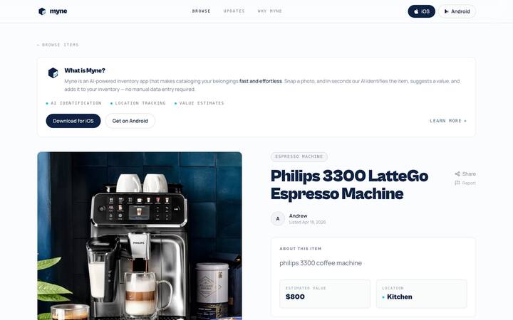 Shared item page — a public Myne entry (Philips 3300 espresso machine) with hero photo, estimated value, and location.