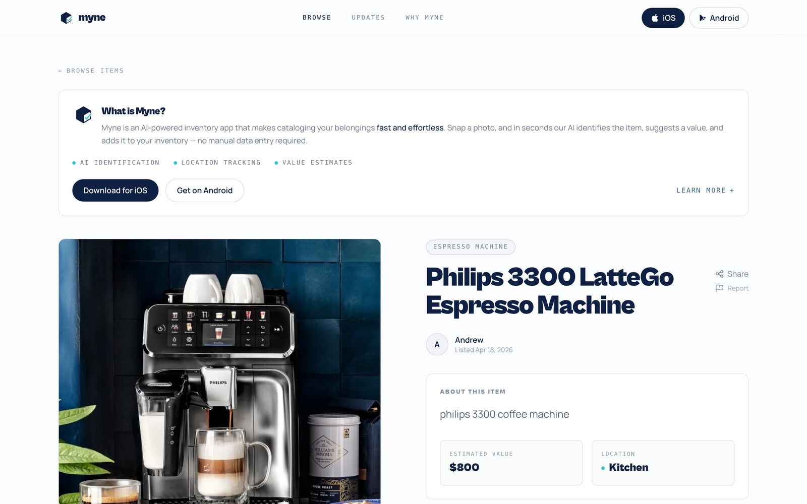 Shared item page — a public Myne entry (Philips 3300 espresso machine) with hero photo, estimated value, and location.